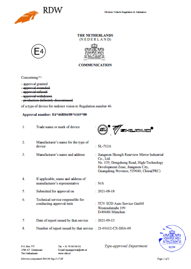 Approval from RDW Netherlands Vehicle Authority
